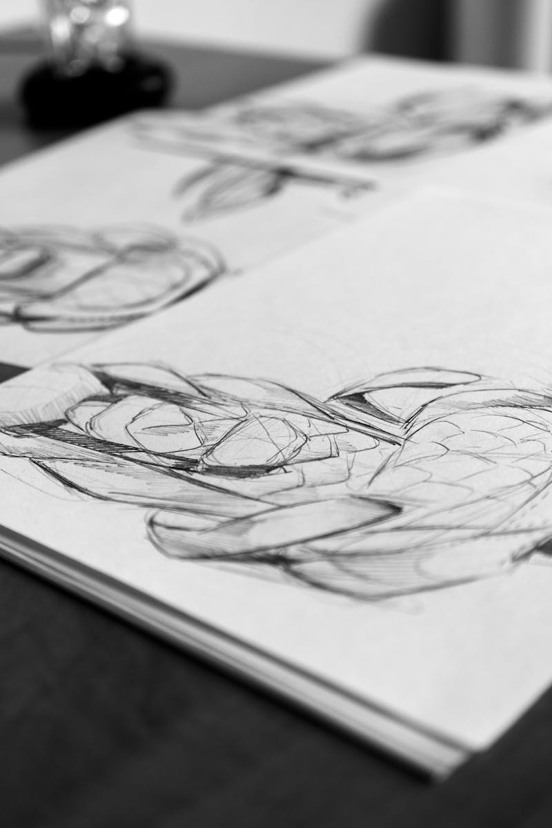 Monochrome image showcasing artistic sketches on paper with pencils on a wooden desk.